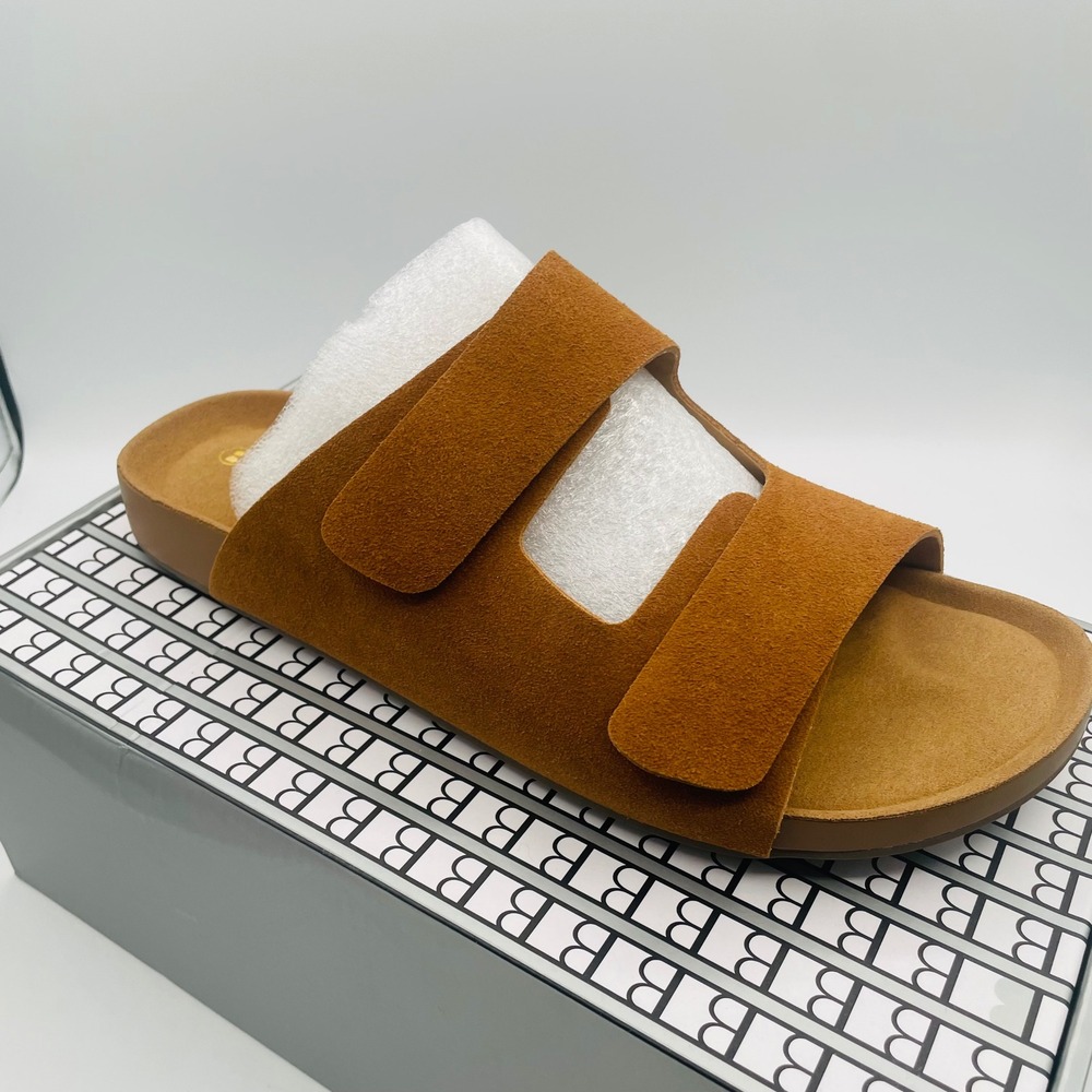 Newbella Slide Sandals Tan Brown Faux Suede‎ Hook Loop Straps Womens 11/12